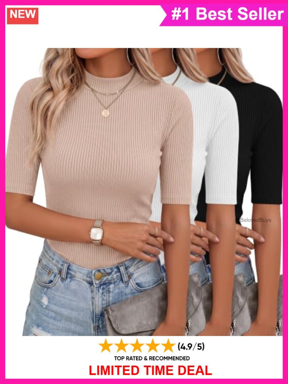 Women's Ribbed Mock Neck Short Sleeve T-Shirts 3 Pack Slim Fit Tees